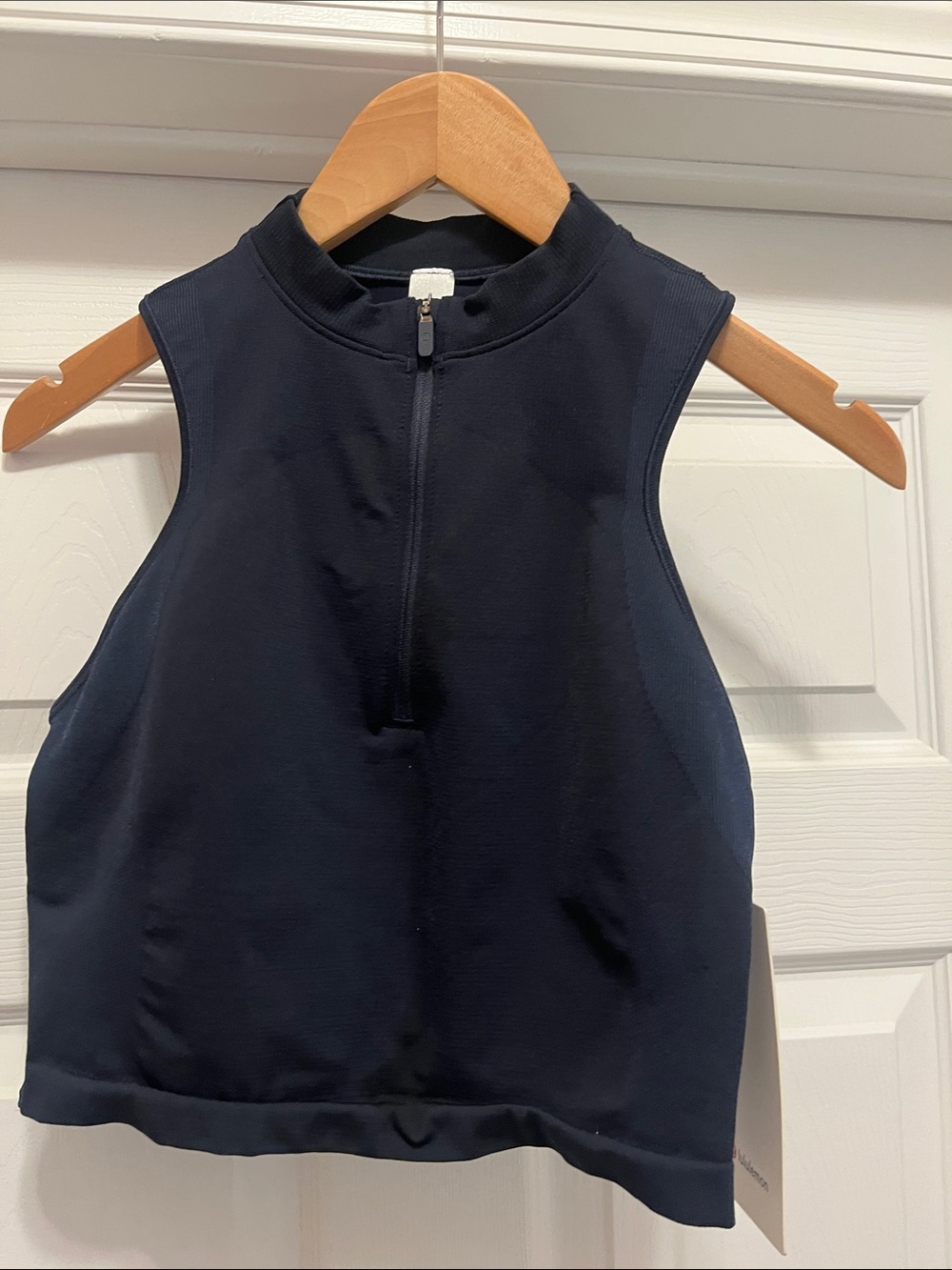 NWT Lululemon Sleeveless Mock Neck Zip-Front/ open hole back Crop Top - Navy